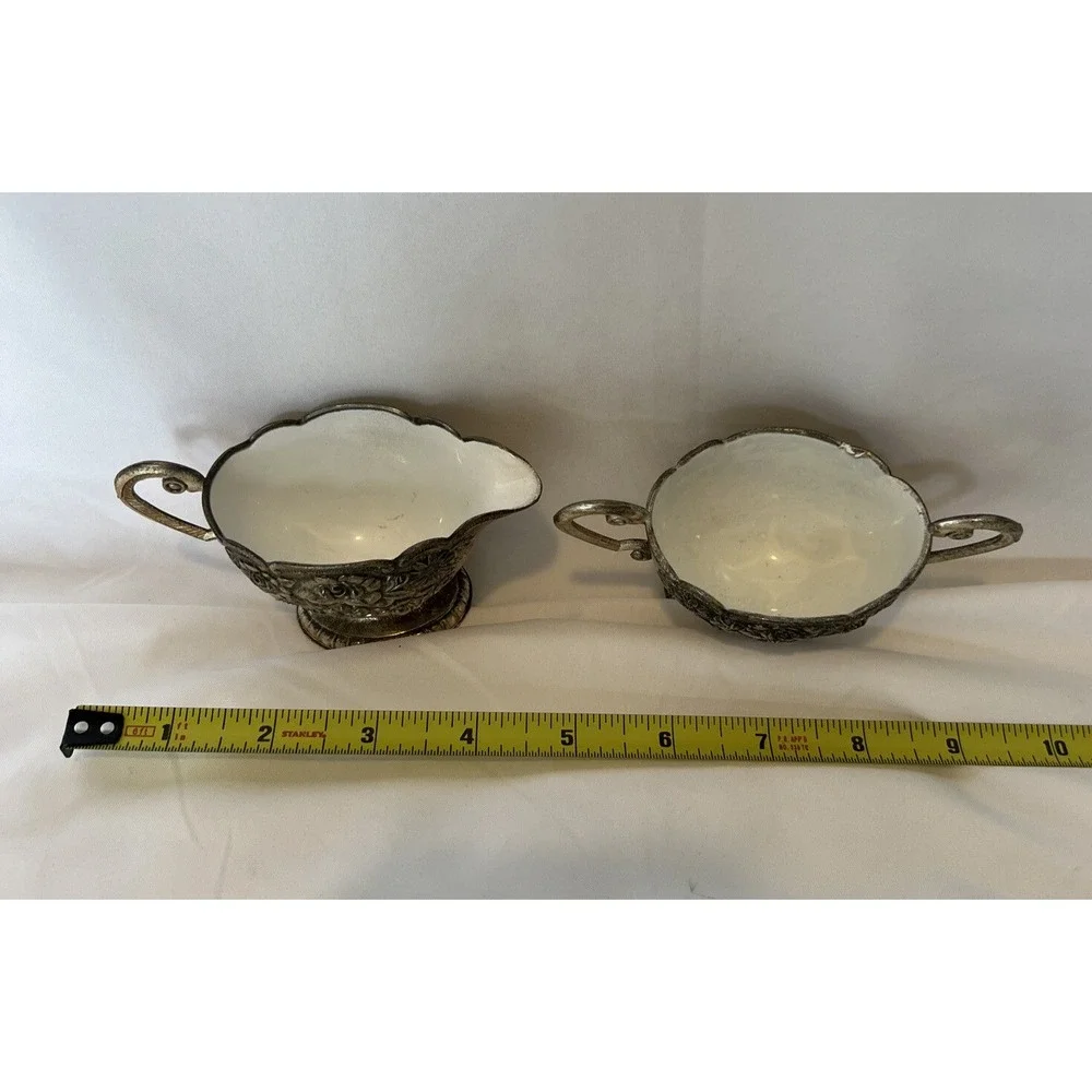 Vintage Silver Plated Sugar And Creamer Set With‎ Inner Ceramic Coating Decor